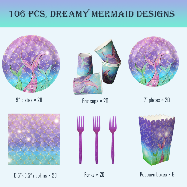 jovivante 106 pcs mermaid party supplies – mermaid plates (9″ & 7″), cups, napkins, forks, popcorn boxes – under the sea birthday decorations, girls party tableware set, mermaid disposable tableware set, serves 20