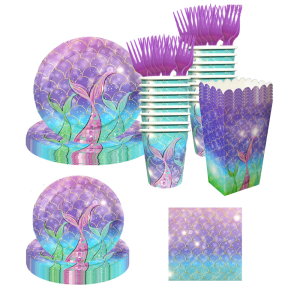 jovivante 106 pcs mermaid party supplies – mermaid plates (9″ & 7″), cups, napkins, forks, popcorn boxes – under the sea birthday decorations, girls party tableware set, mermaid disposable tableware set, serves 20