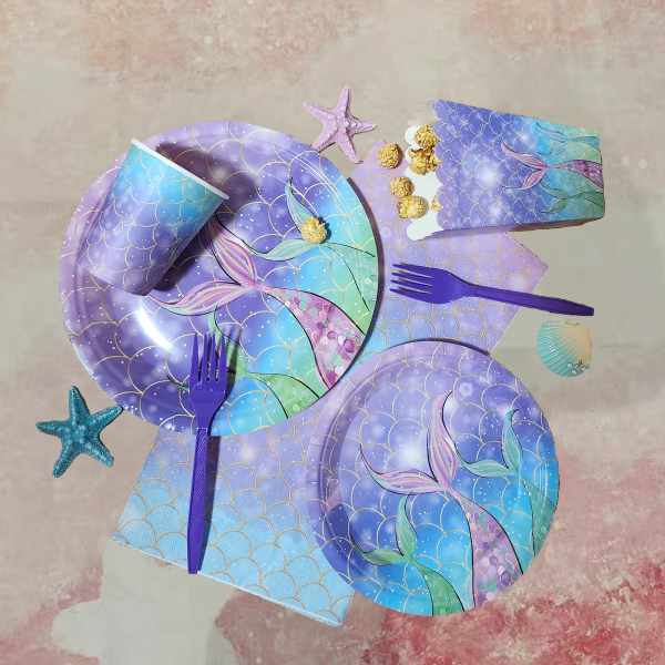 jovivante 106 pcs mermaid party supplies – mermaid plates (9″ & 7″), cups, napkins, forks, popcorn boxes – under the sea birthday decorations, girls party tableware set, mermaid disposable tableware set, serves 20