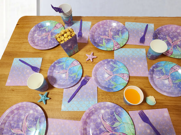jovivante 106 pcs mermaid party supplies – mermaid plates (9″ & 7″), cups, napkins, forks, popcorn boxes – under the sea birthday decorations, girls party tableware set, mermaid disposable tableware set, serves 20