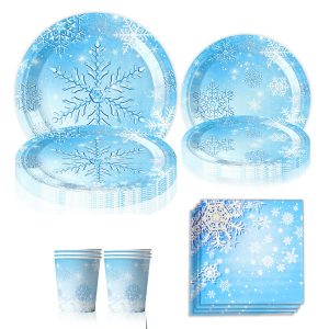jovivante 80pcs snowflake disposable dinnerware set, blue winter theme, perfect for holiday parties, christmas, and winter celebrations