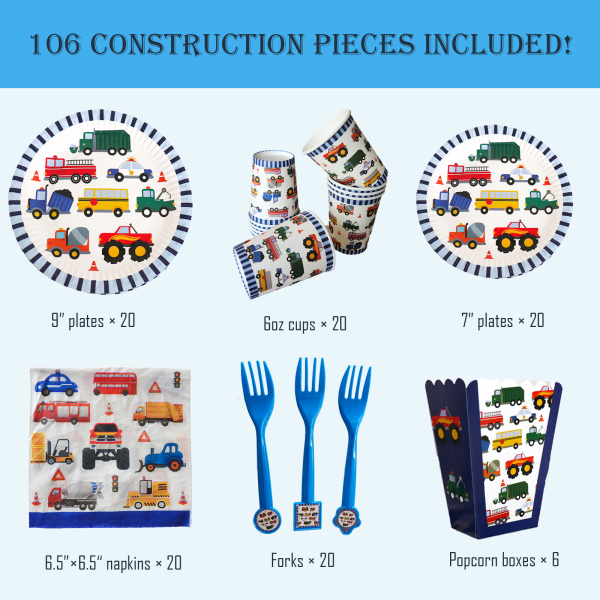 106 pcs construction truck party supplies – plates, cups, napkins, forks, popcorn boxes – truck birthday decorations, boys party tableware set, construction theme disposable dinnerware, serves 20