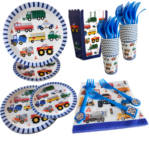 106 pcs construction truck party supplies – plates, cups, napkins, forks, popcorn boxes – truck birthday decorations, boys party tableware set, construction theme disposable dinnerware, serves 20