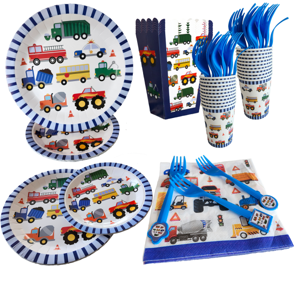 106 pcs construction truck party supplies – plates, cups, napkins, forks, popcorn boxes – truck birthday decorations, boys party tableware set, construction theme disposable dinnerware, serves 20