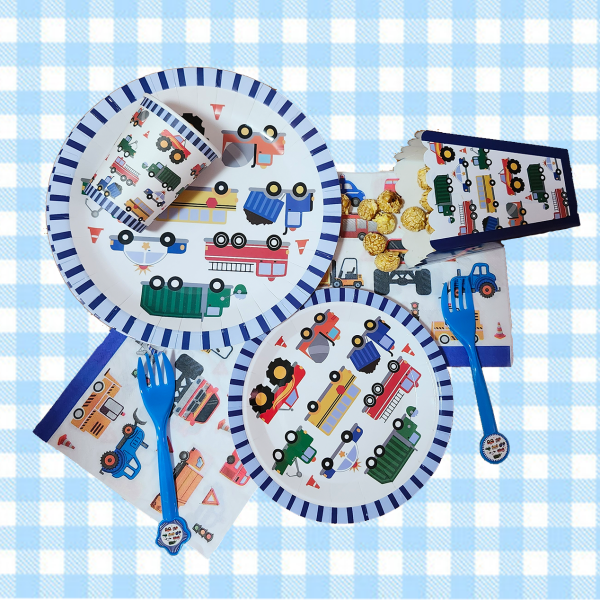 106 pcs construction truck party supplies – plates, cups, napkins, forks, popcorn boxes – truck birthday decorations, boys party tableware set, construction theme disposable dinnerware, serves 20