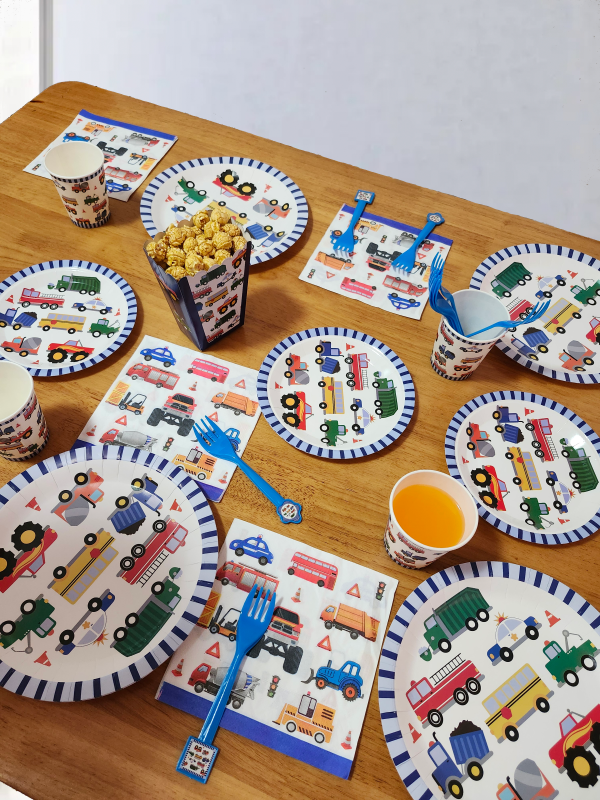 106 pcs construction truck party supplies – plates, cups, napkins, forks, popcorn boxes – truck birthday decorations, boys party tableware set, construction theme disposable dinnerware, serves 20